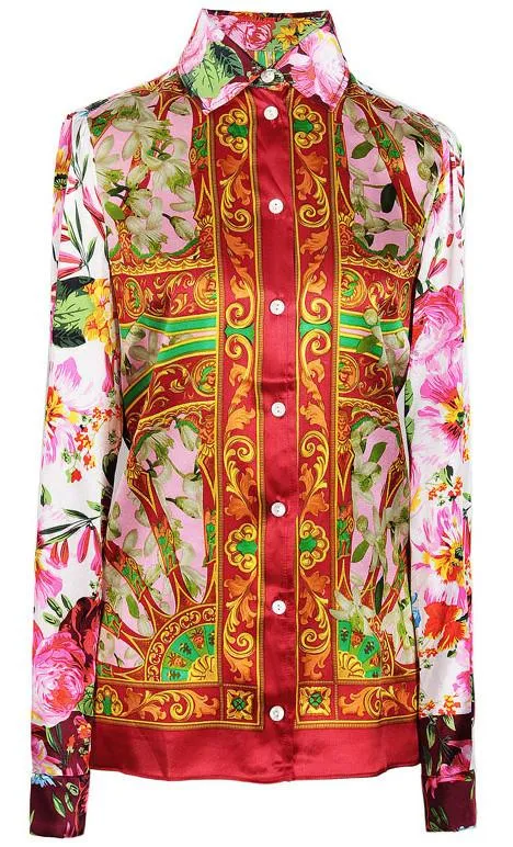 Floral & Wheel Print Silk and Satin Shirt