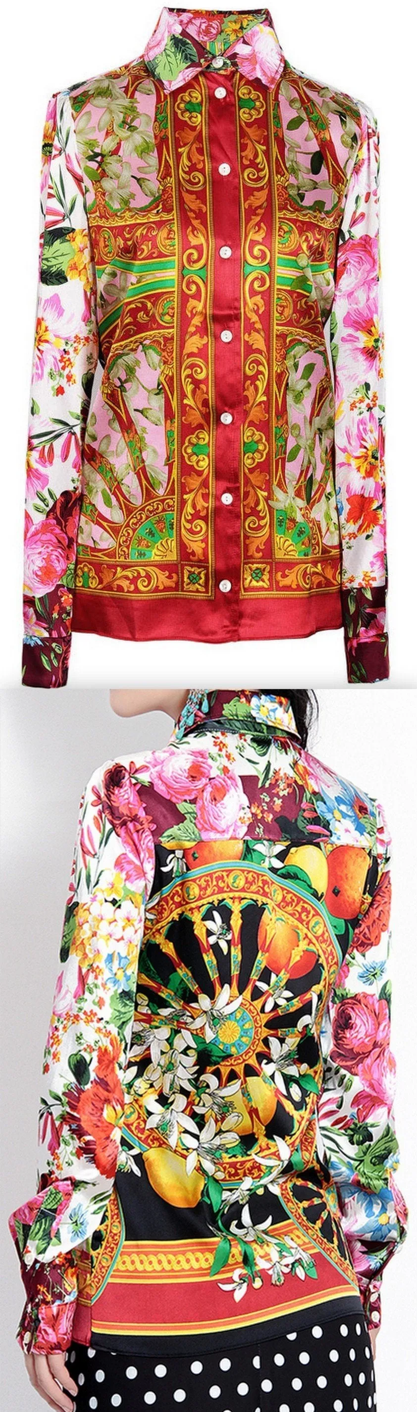 Floral & Wheel Print Silk and Satin Shirt