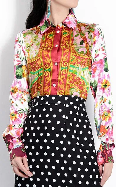 Floral & Wheel Print Silk and Satin Shirt