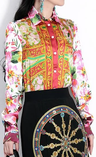 Floral & Wheel Print Silk and Satin Shirt