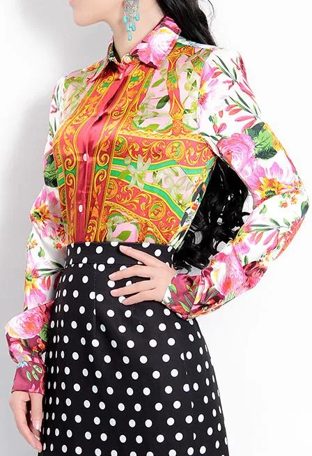 Floral & Wheel Print Silk and Satin Shirt