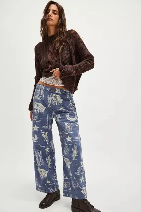 Free People Seaside Pull-On Pants- Indigo Combo- Rodeo