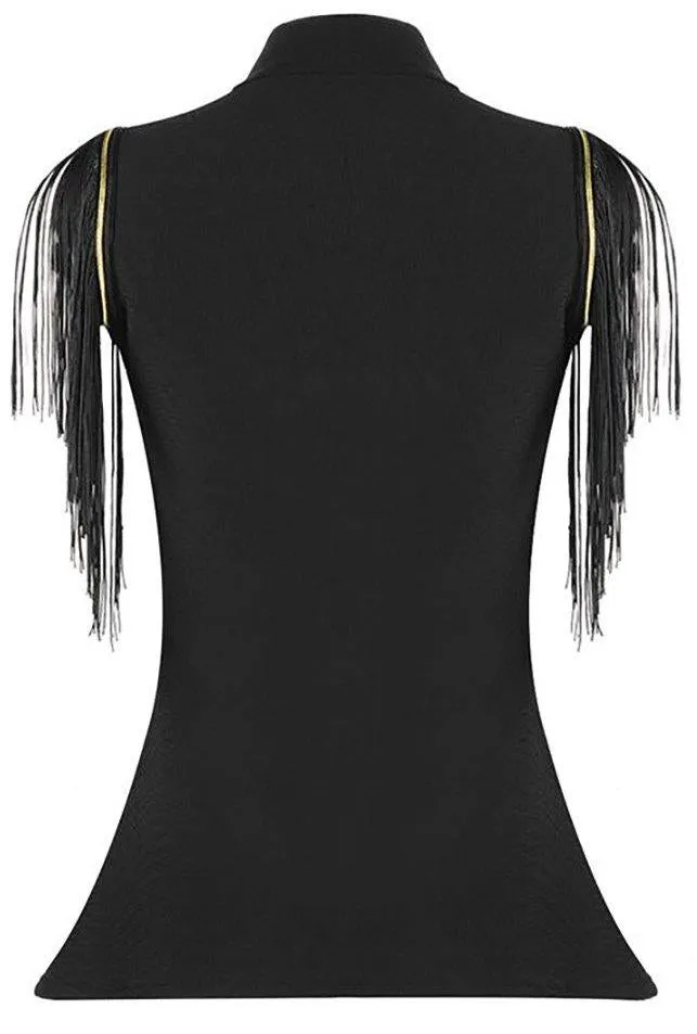 Fringed-Sleeve Military Style Elasticated Top