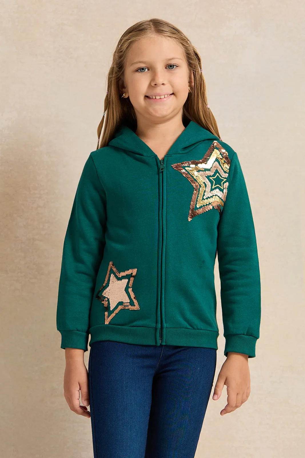 Girls Green Star Sequins Hooded Sweatshirt