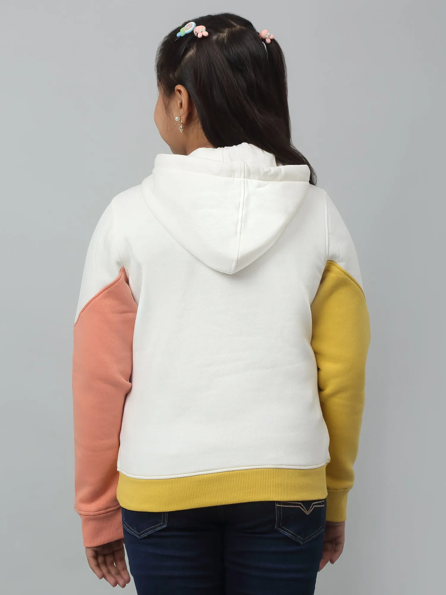 Girls Yellow Colour Blocked Hooded Neck Sweatshirt For Winter