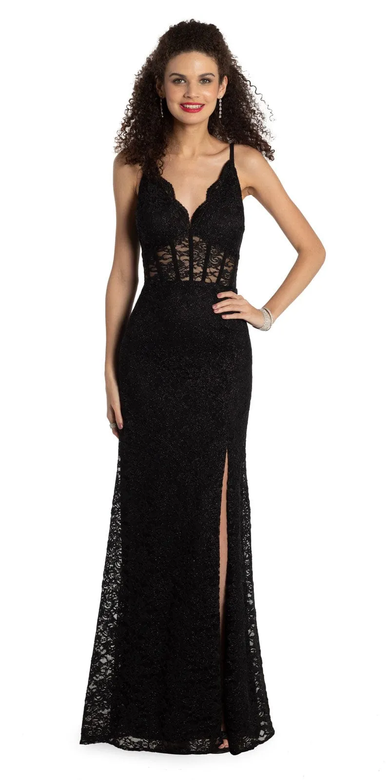 Glitter Lace Scallop V Neck Corset Column Dress