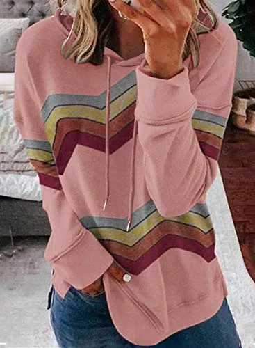 GOLDPKF Womens Pullover Hooded Sweatshirts Long Sleeve Shirts Striped Color Block Cowl Neck Lightweight Sweater on Outside Hoodie Pink Small