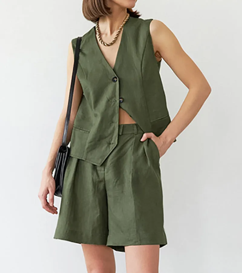 Green Waistcoat Wide-leg Pants Two-piece Set