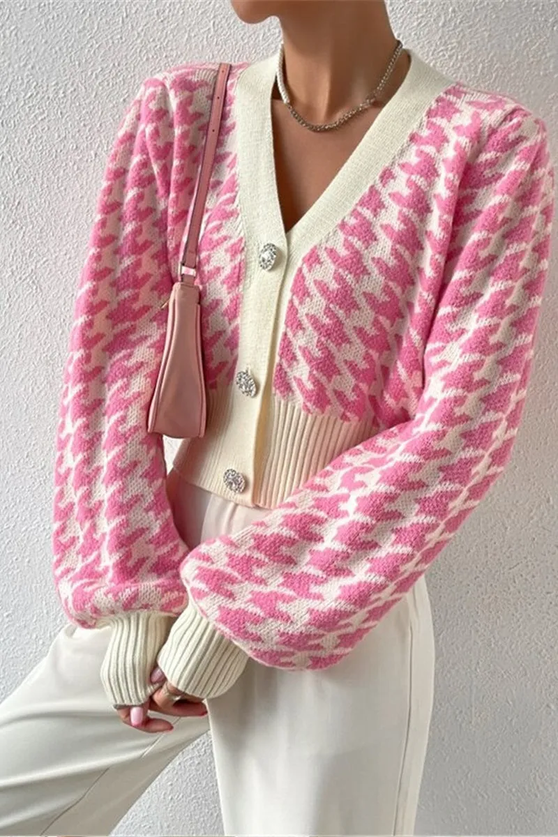 HWR1193 Houndstooth Crop Cardigan