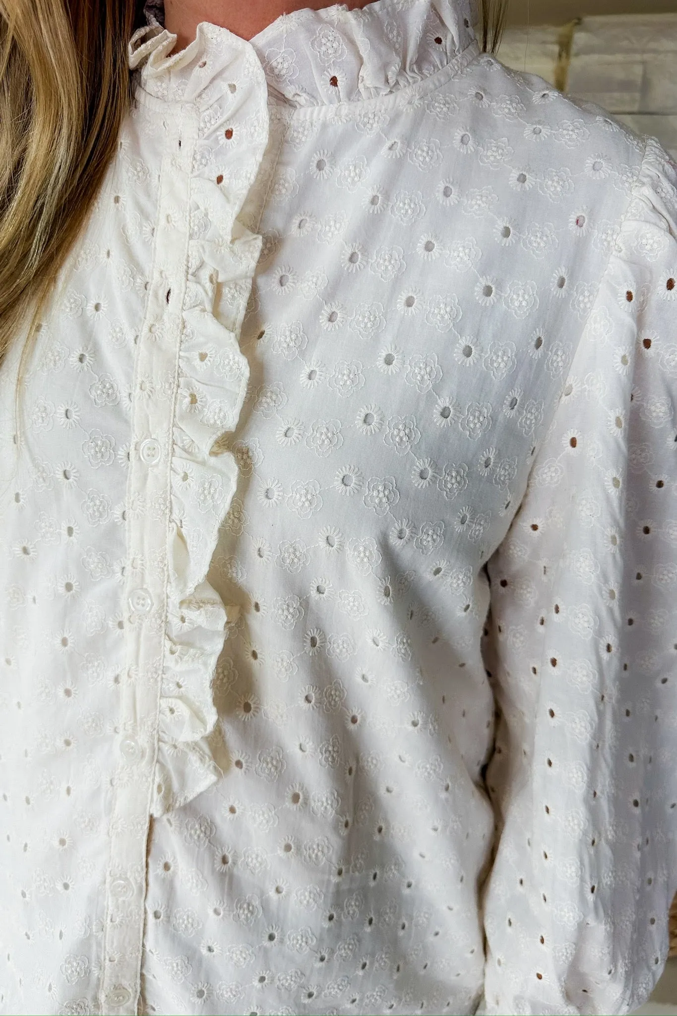 Ivory Eyelet Ruffle Button Down Cuffed Sleeve Top