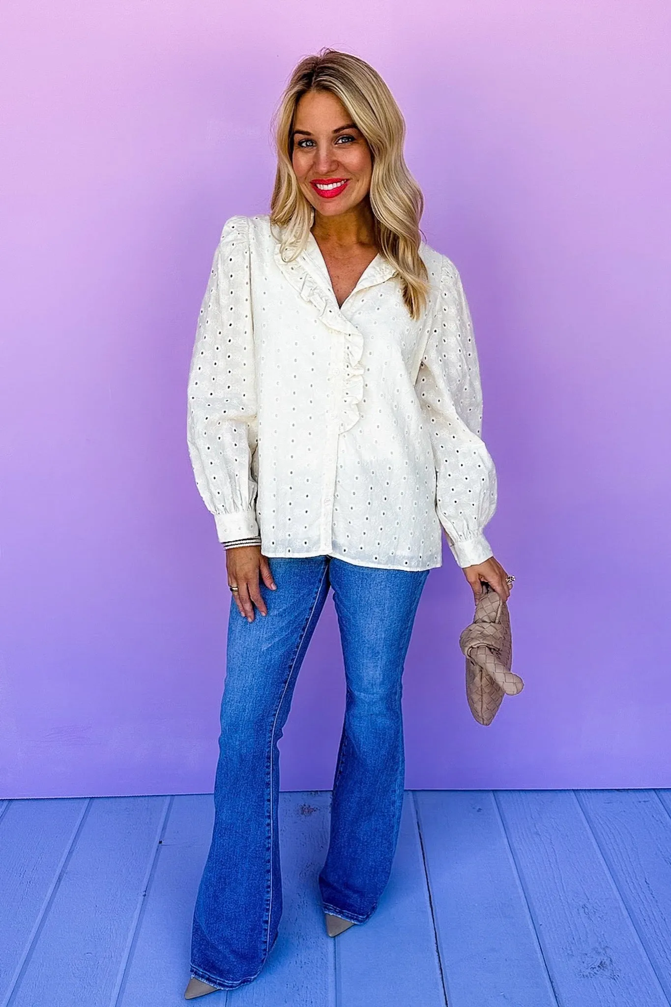 Ivory Eyelet Ruffle Button Down Cuffed Sleeve Top