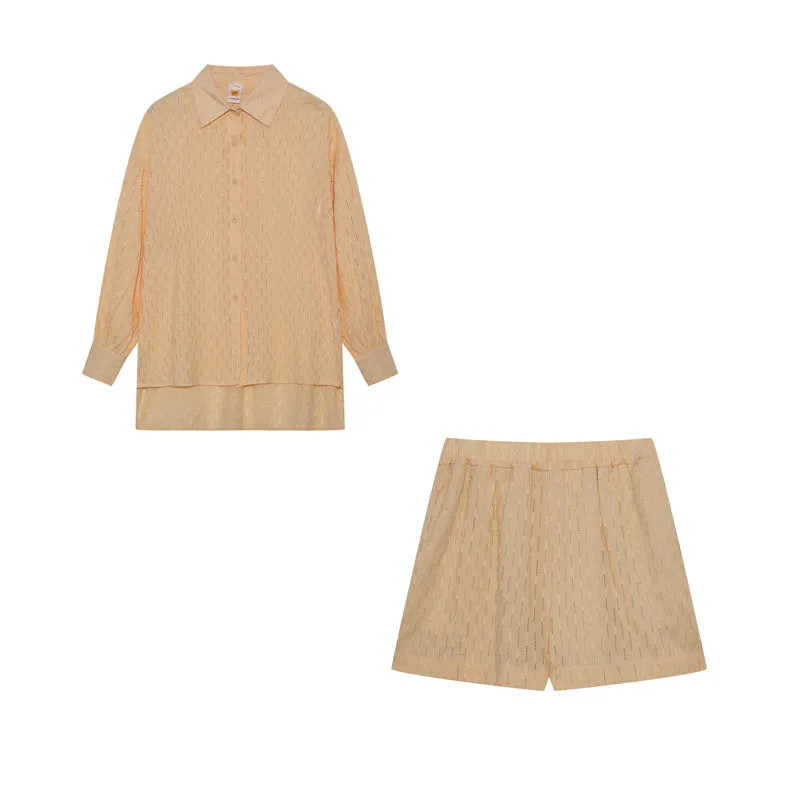 Jacquard Bubble Sleeves Shirt & Shorts Suits