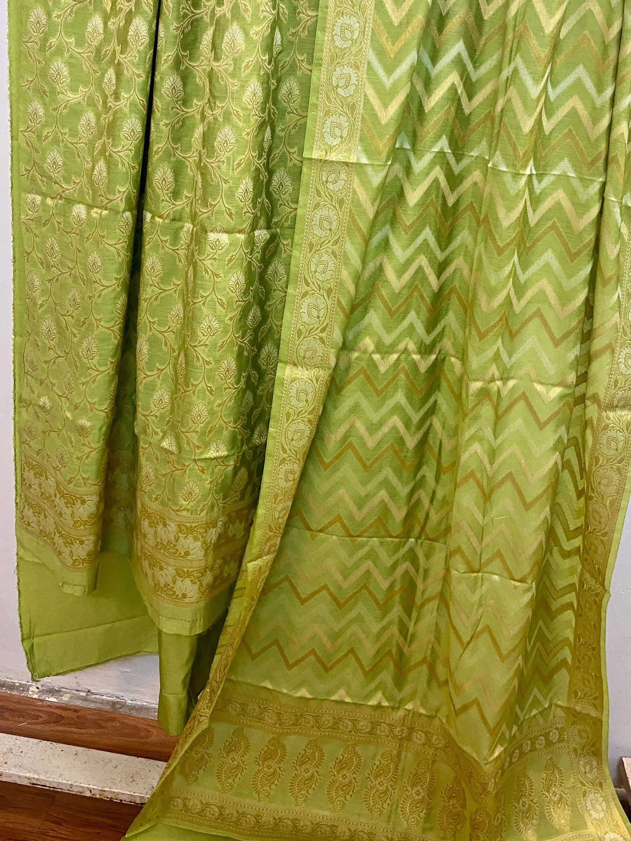 Light Green Banarasi cotton silk handloom 3 pcs suit set