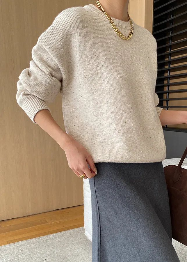 Loose Apricot O Neck Solid Cozy Knit Sweaters Fall AF1011