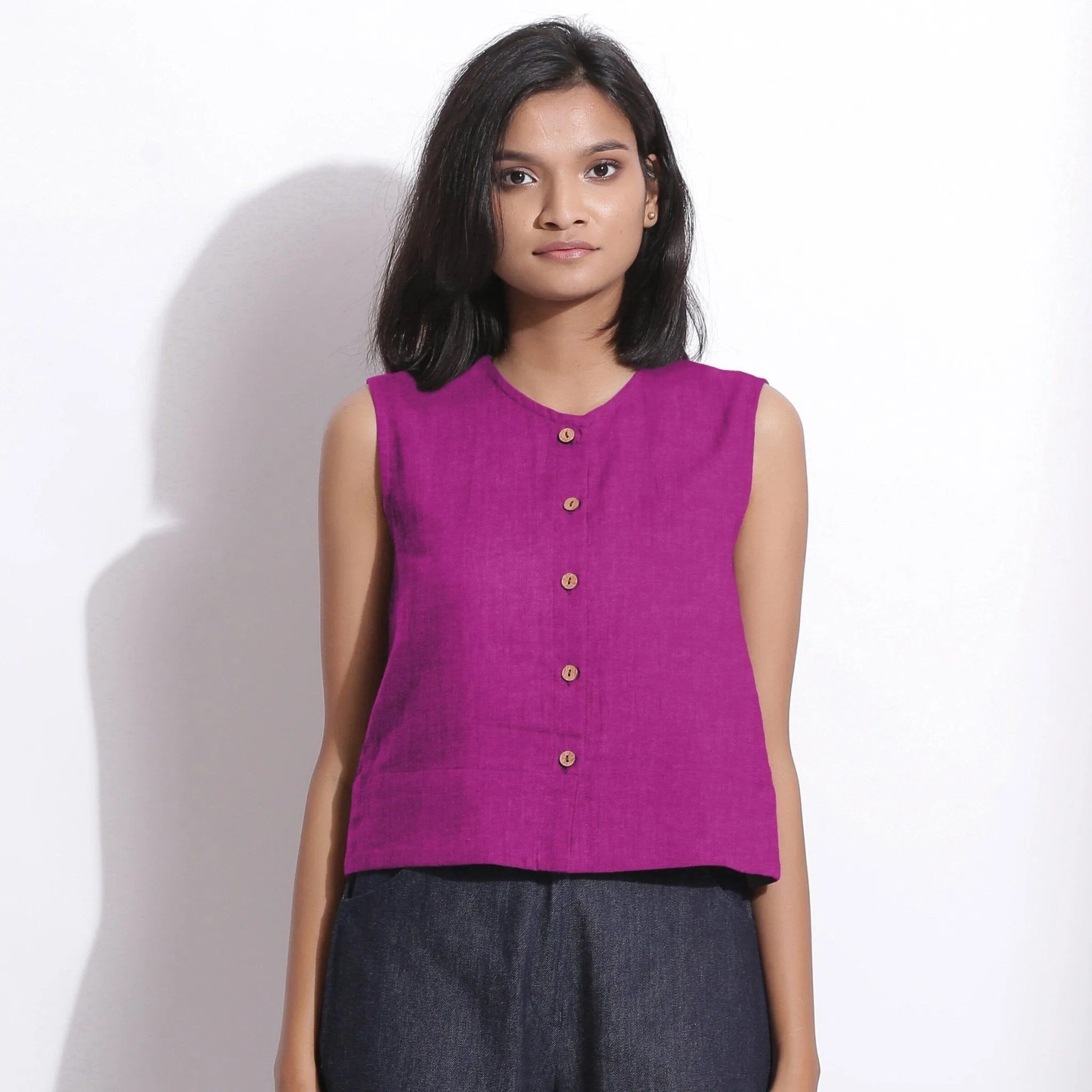 Magenta Cotton Linen Sleeveless Button-Down Shirt