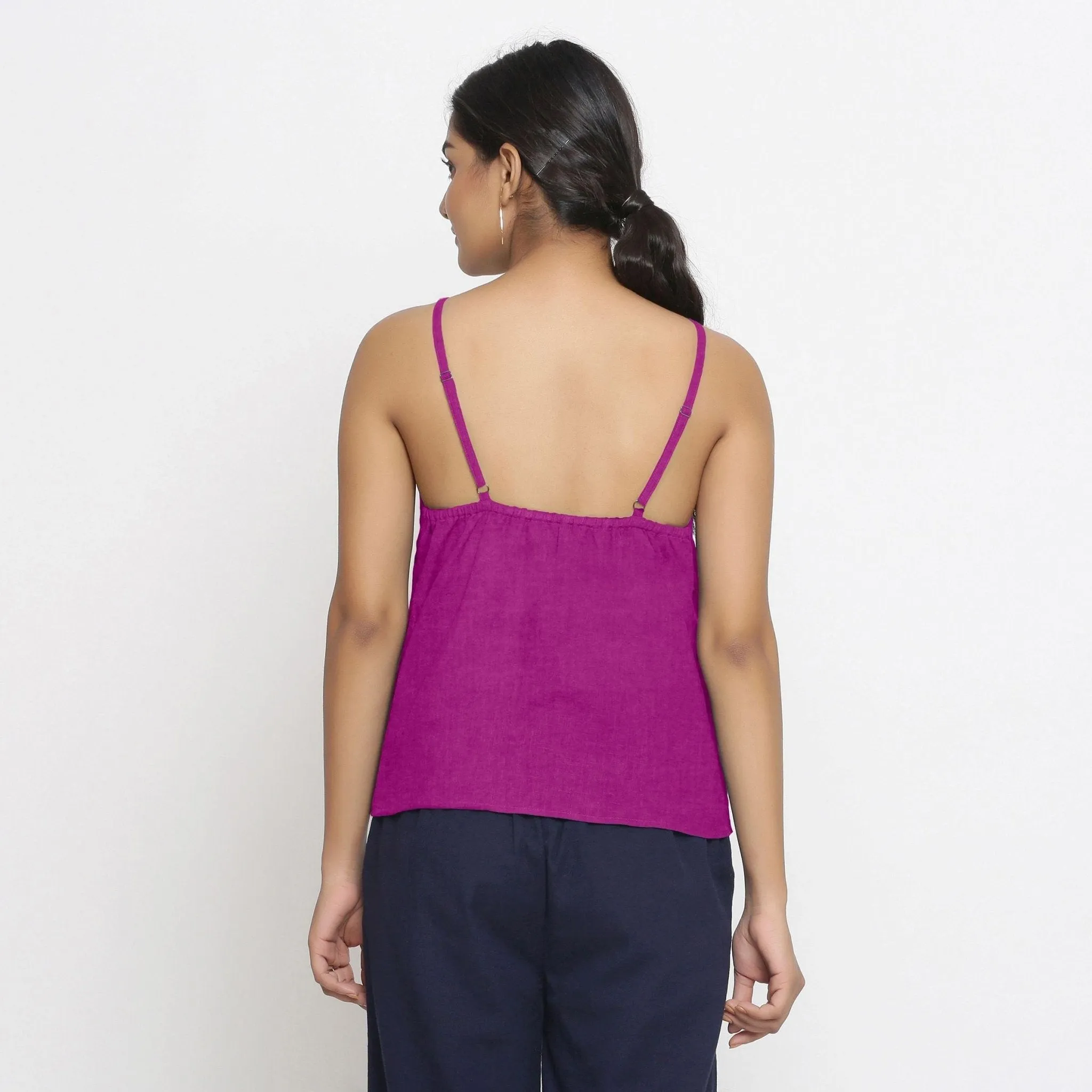 Magenta Strappy 100% Linen Strap Sleeve Spaghetti Top