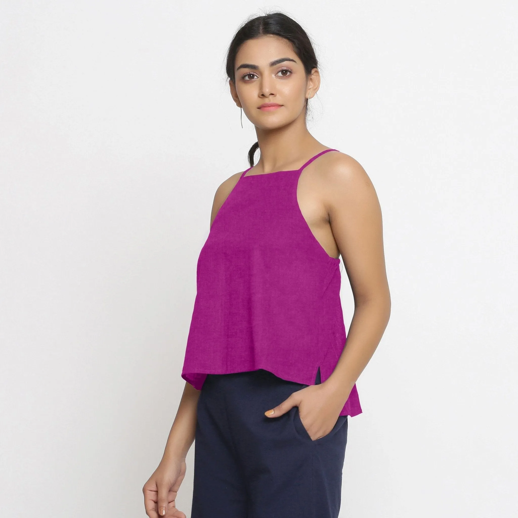 Magenta Strappy 100% Linen Strap Sleeve Spaghetti Top