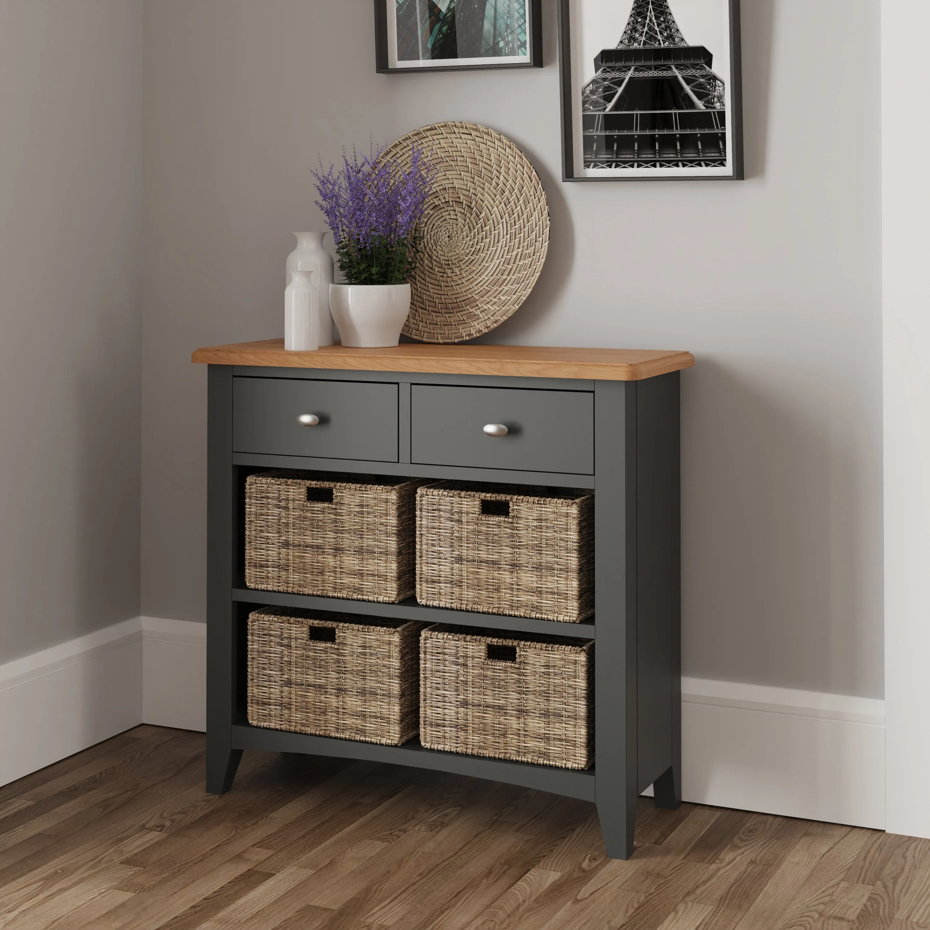 Malmesbury Grey Cabinet 2 Drawer 4 Basket 80 x 30 x 75 cm