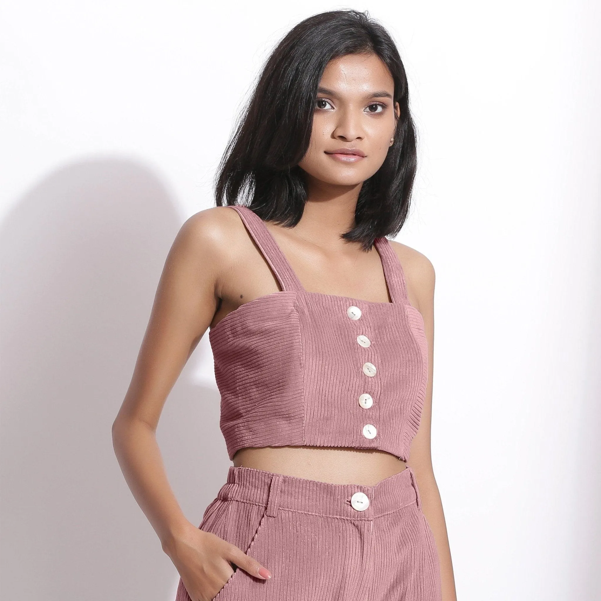 Mauve Warm Cotton Corduroy Slim Fit Crop Top