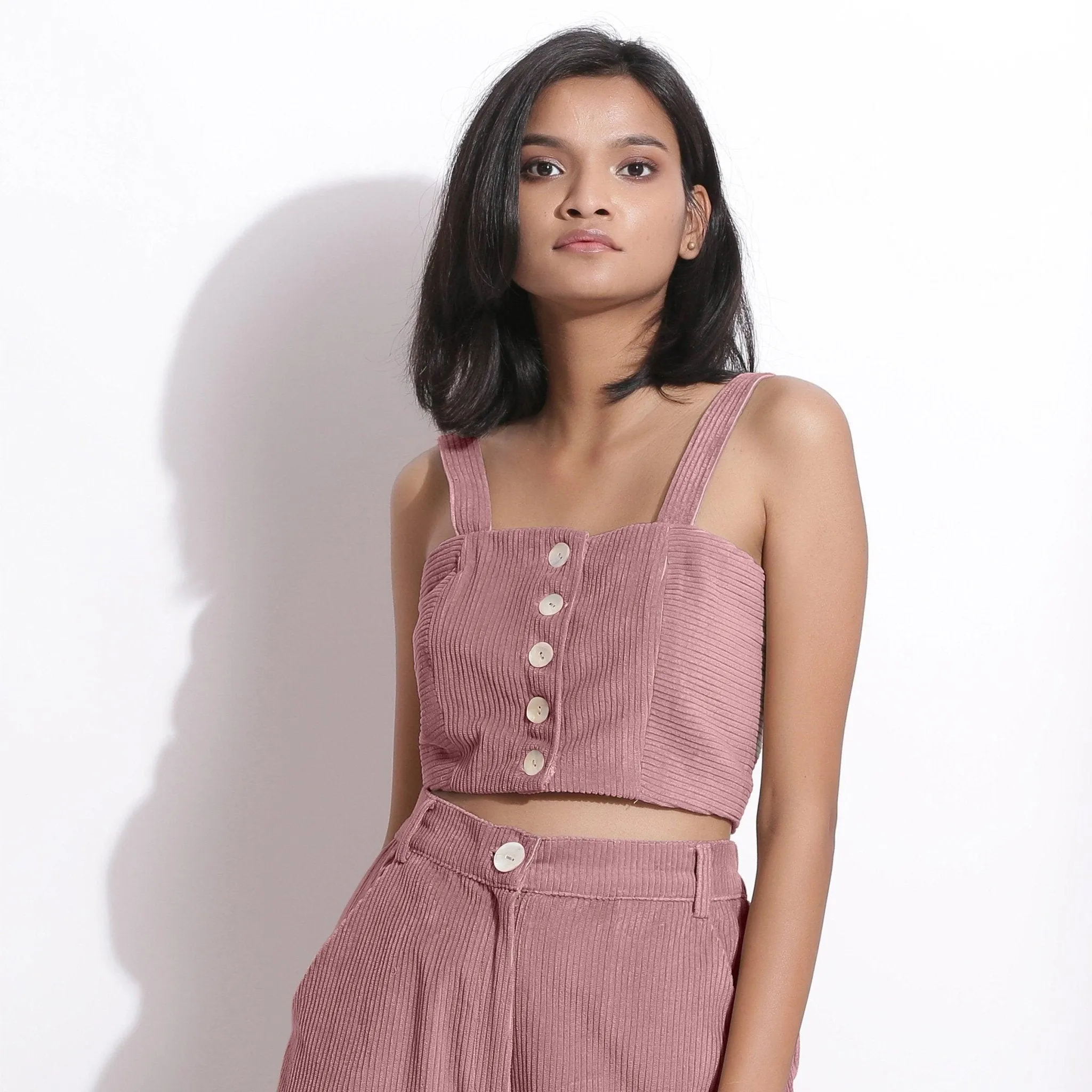 Mauve Warm Cotton Corduroy Slim Fit Crop Top