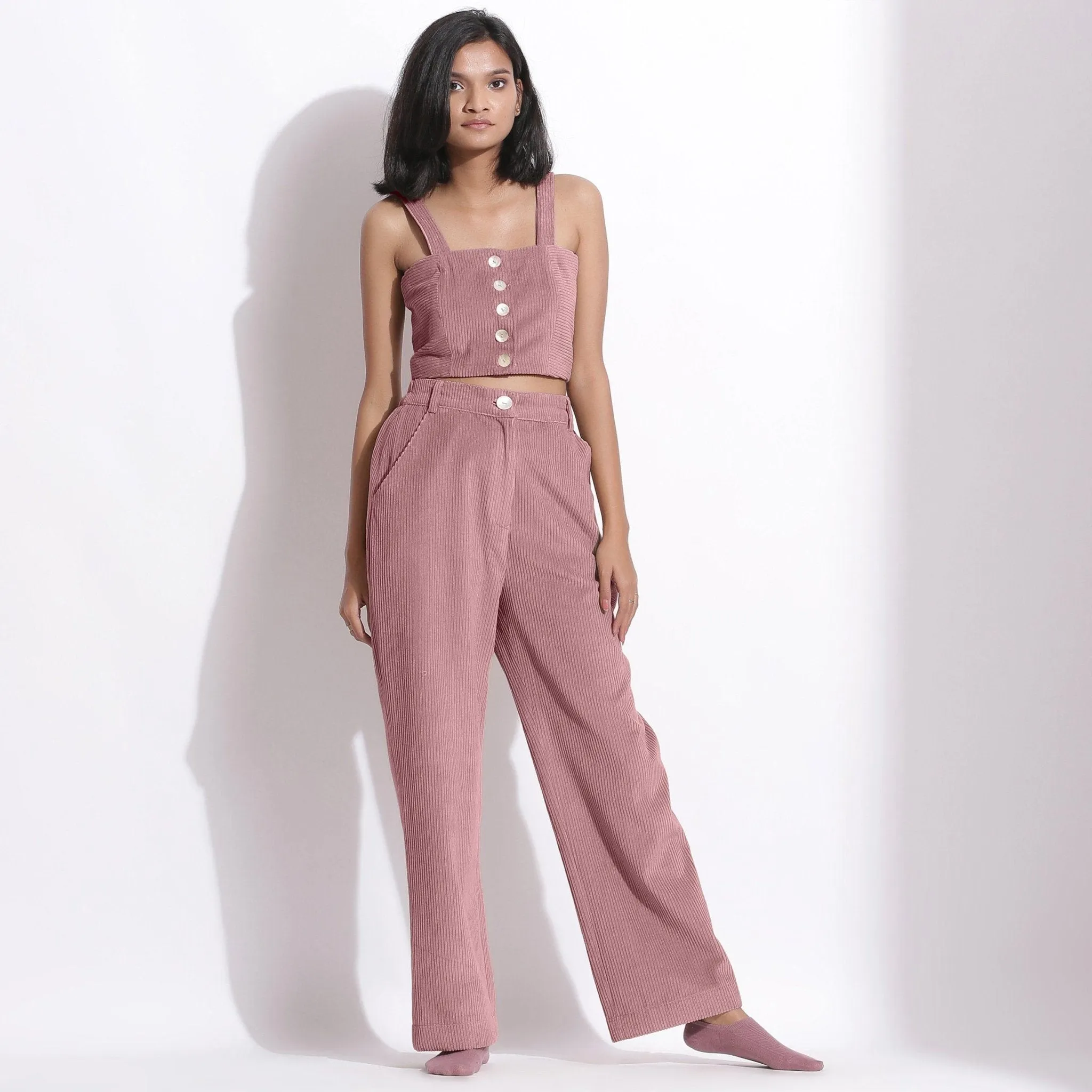 Mauve Warm Cotton Corduroy Slim Fit Crop Top