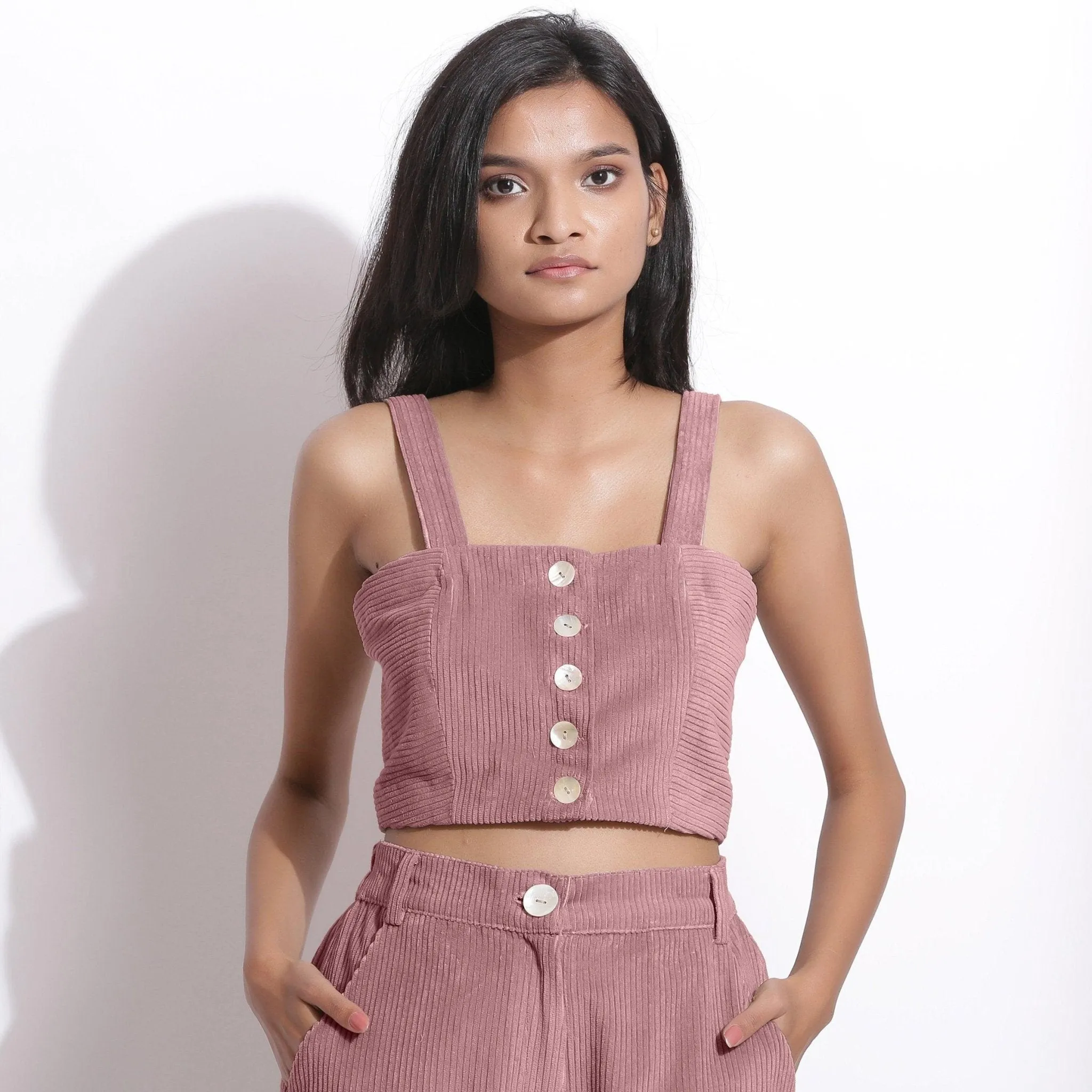 Mauve Warm Cotton Corduroy Slim Fit Crop Top