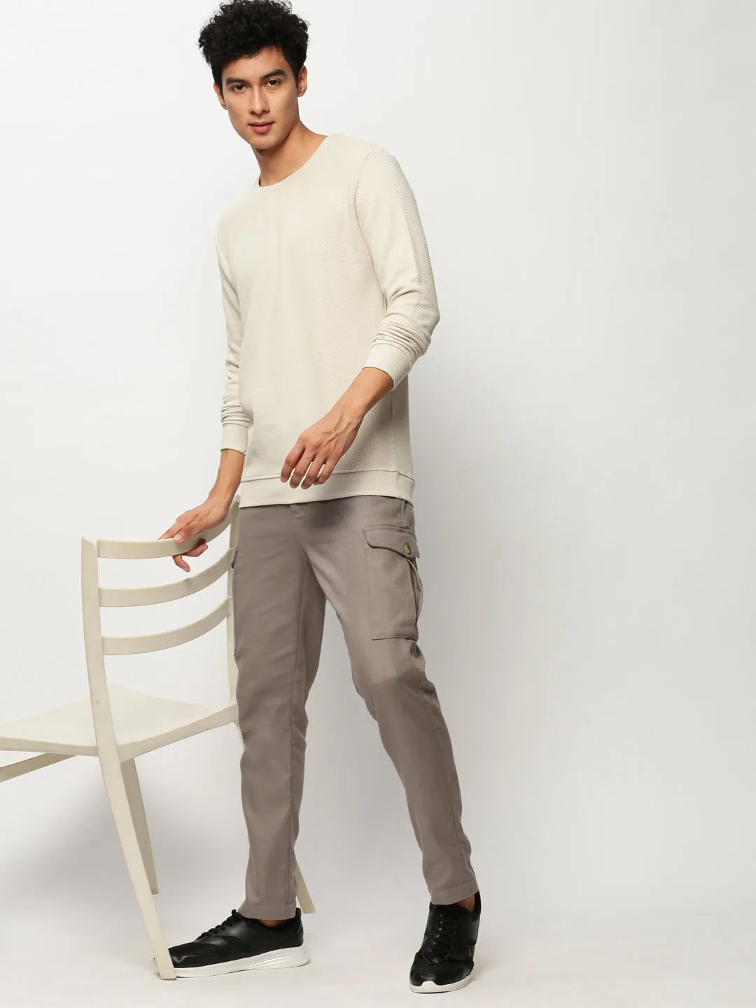 Men Beige Solid Casual Sweatshirts