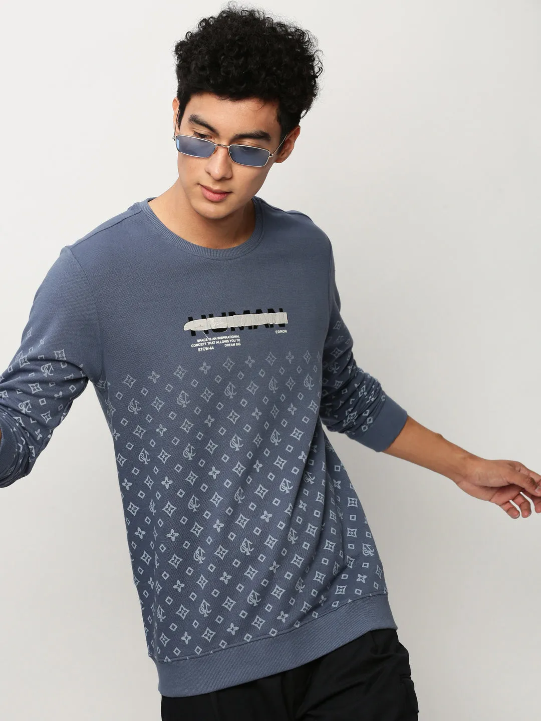 Men Blue Geometrical Casual Sweatshirts