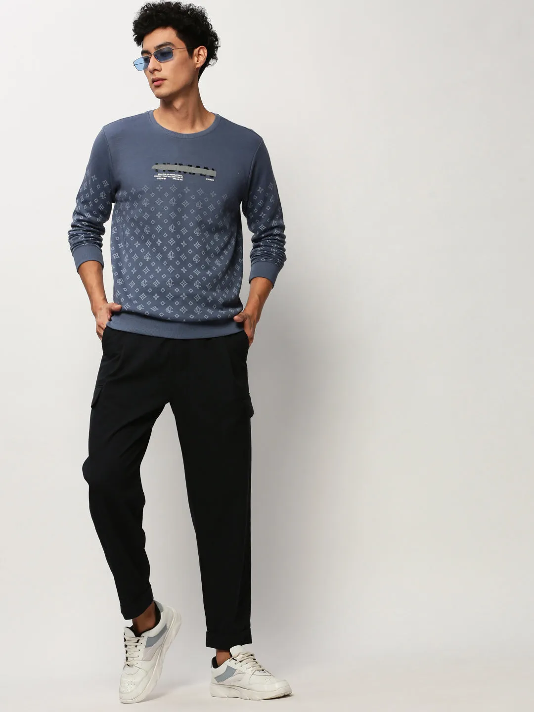 Men Blue Geometrical Casual Sweatshirts