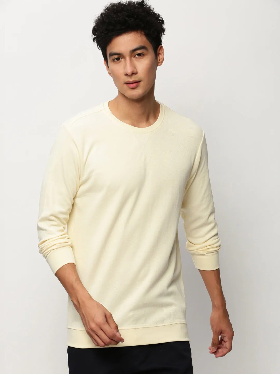 Men Cream Solid Casual Sweatshirts