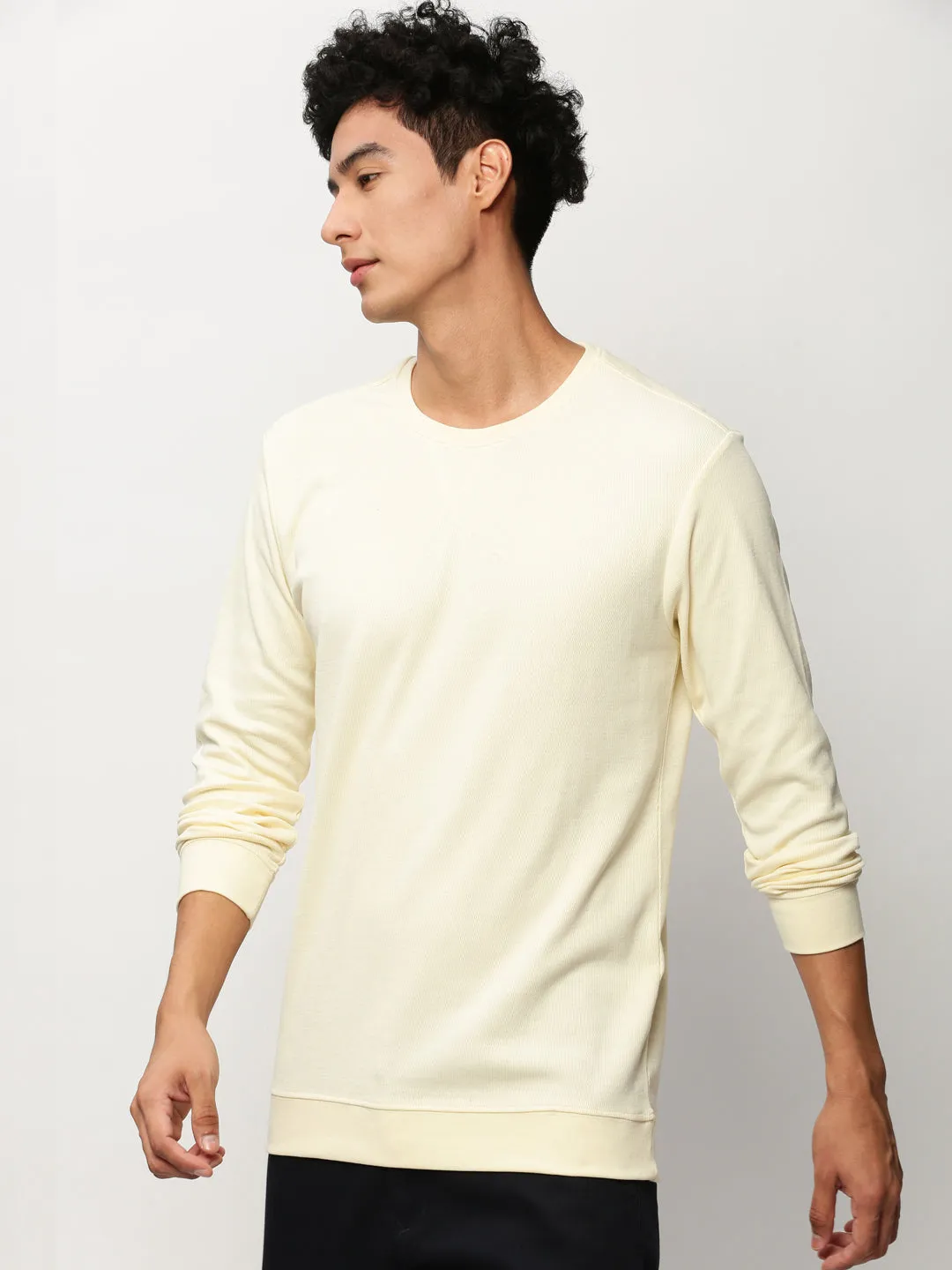 Men Cream Solid Casual Sweatshirts