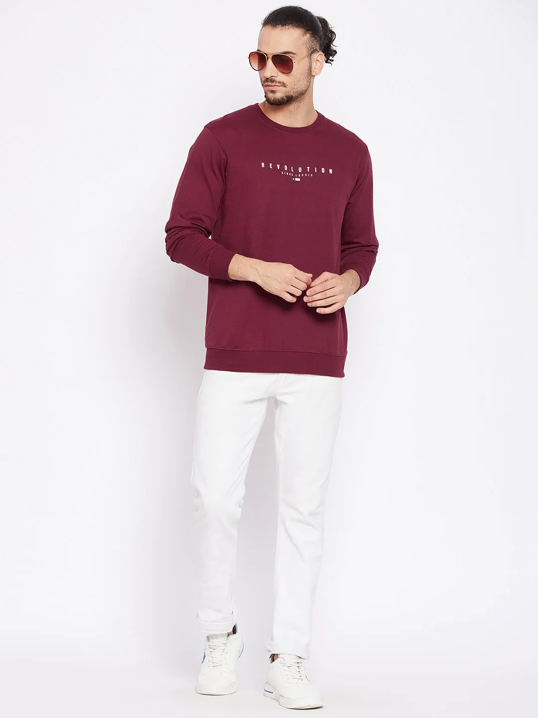 Men Round Neck Full Sleeves Maroon Casual Sweatshirt