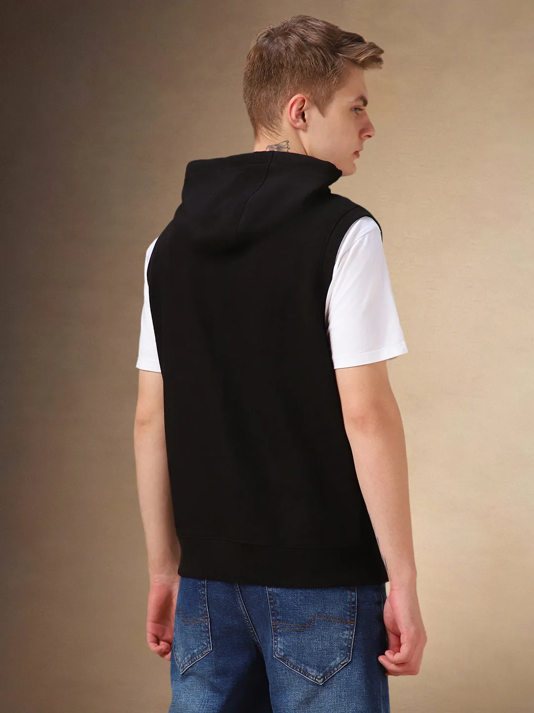 Men's Black Solid Hooded Sleeveless Hoodie