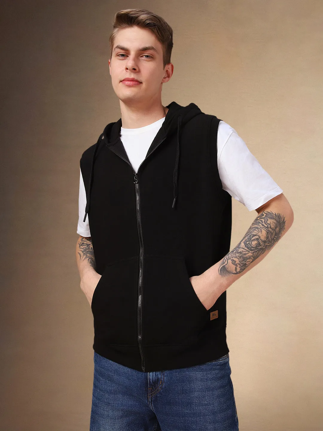 Men's Black Solid Hooded Sleeveless Hoodie