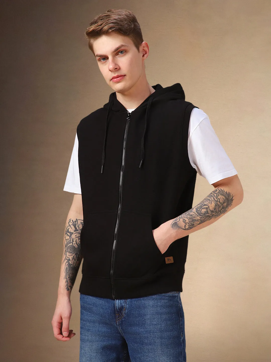 Men's Black Solid Hooded Sleeveless Hoodie