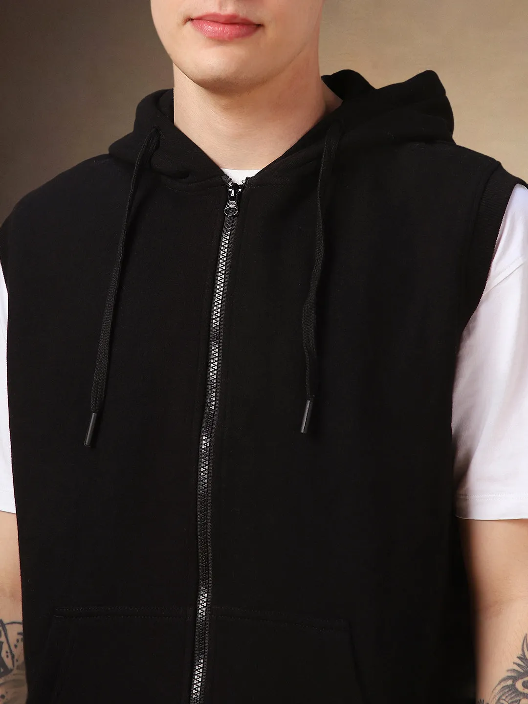 Men's Black Solid Hooded Sleeveless Hoodie