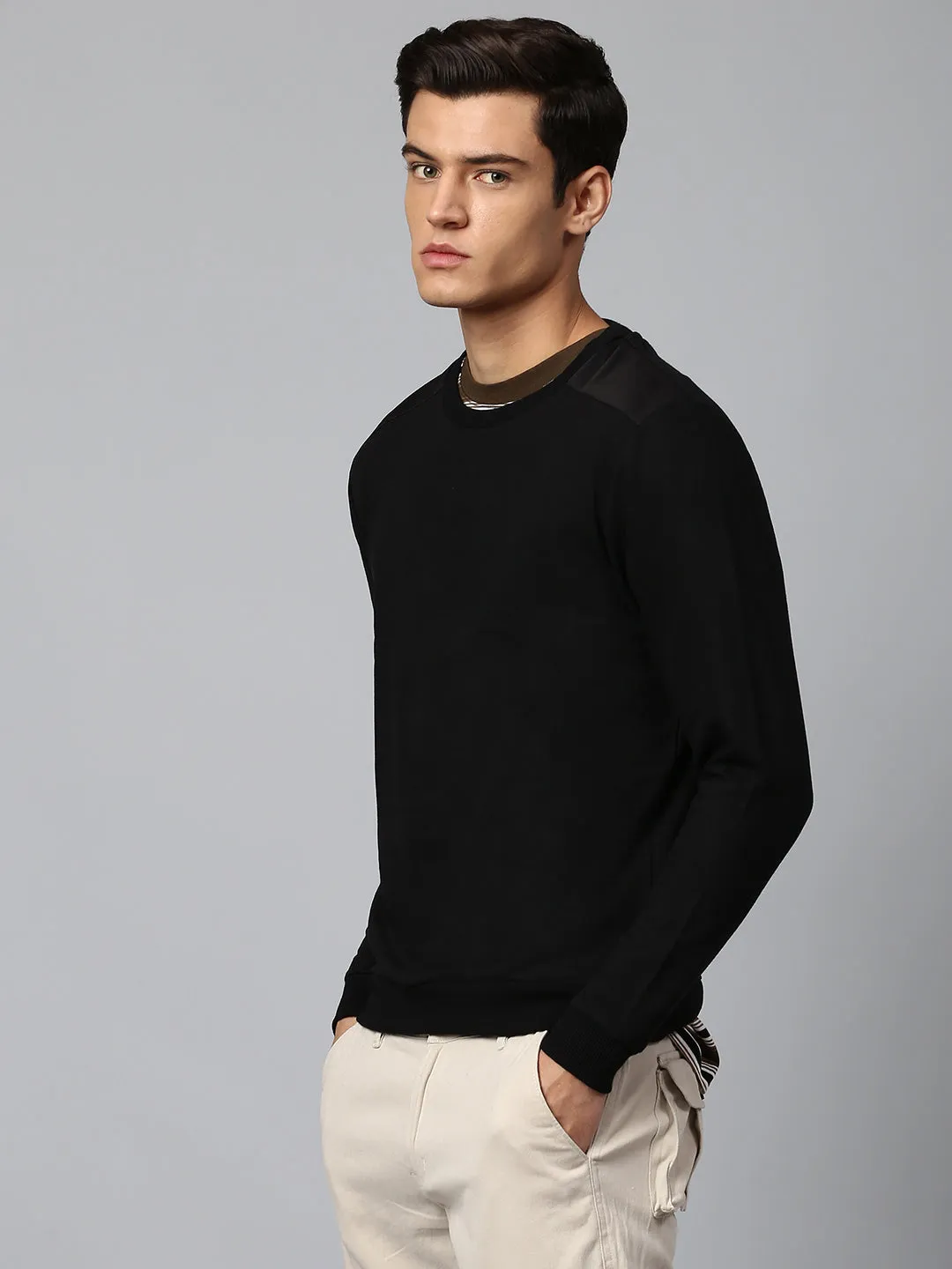 Men's Cotton Blend Full Sleeves Panelled Sweatshirt - Regular-Fit Crew Neck And Lightweight Casual Winterwear  (Black)