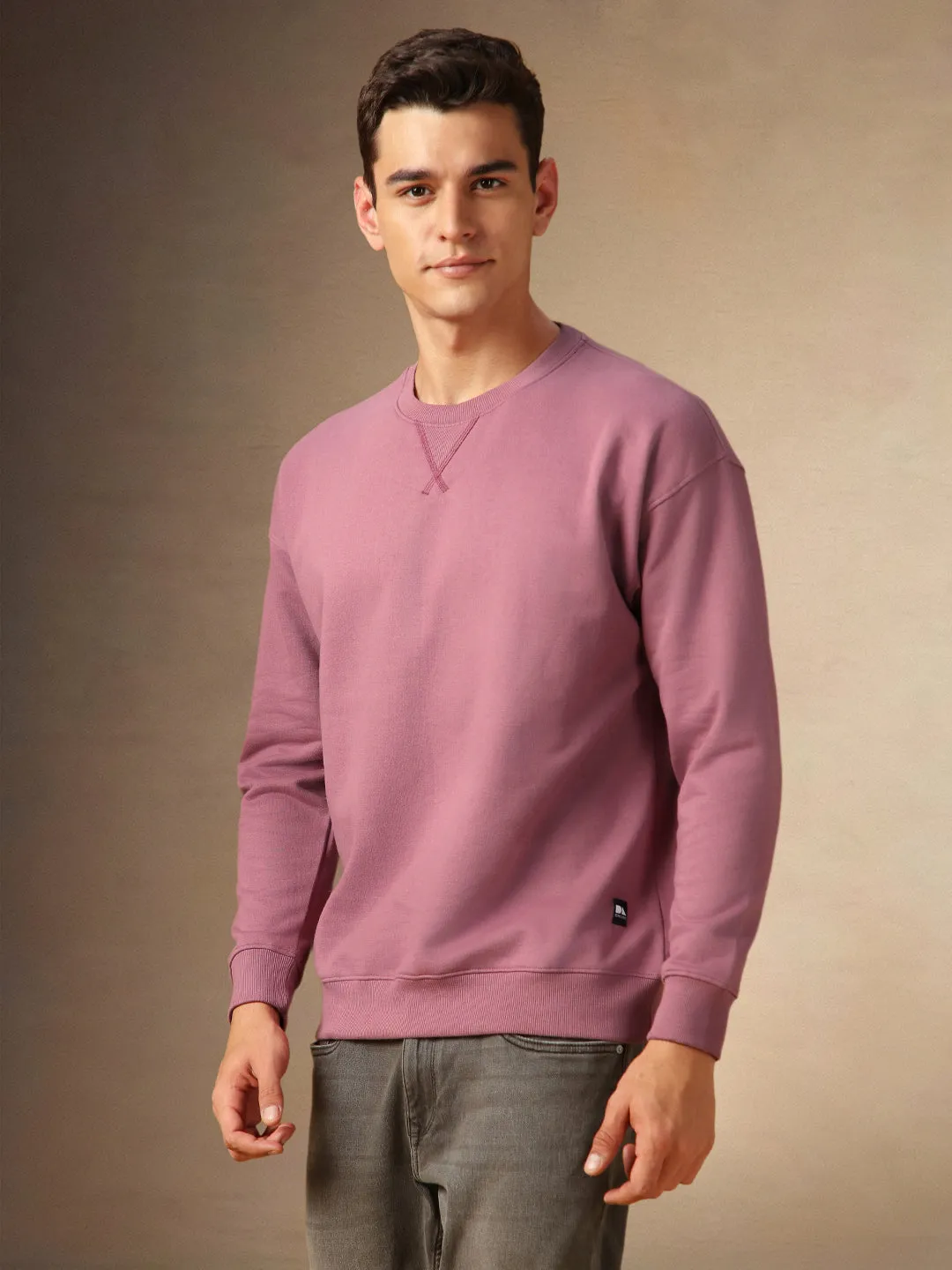 Men's Dusty Pink Solid Crew Neck Full Sleeves Sweatshirt