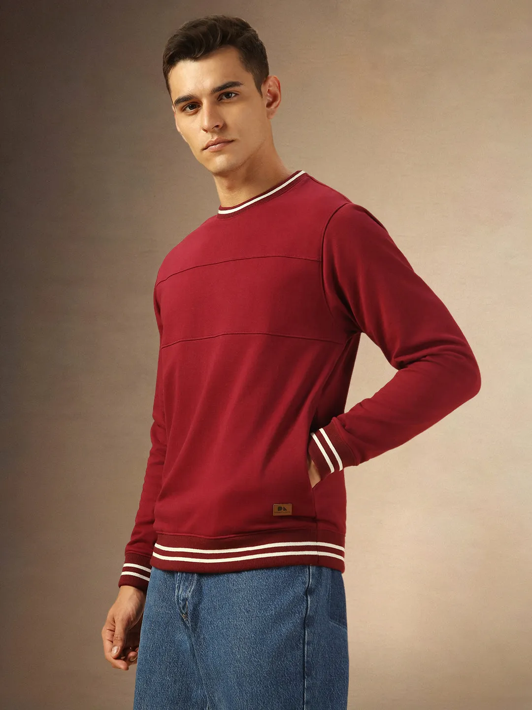 Men's Maroon Solid Crew Neck Full Sleeves Sweatshirt