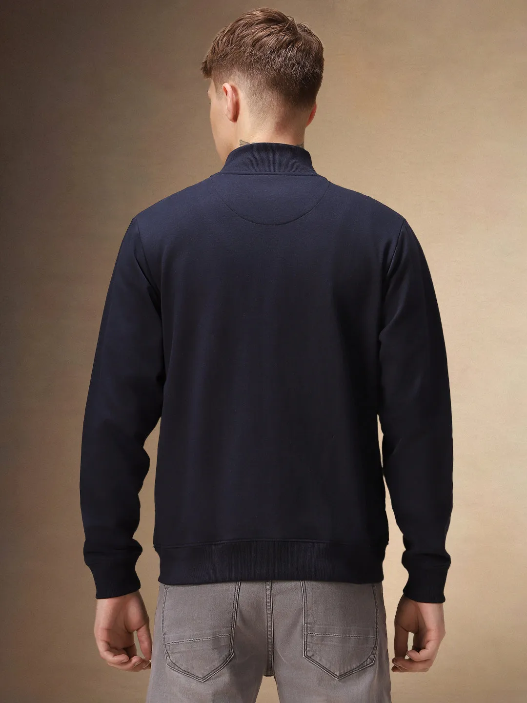 Men's Navy Blue Solid Rib Collar Full Sleeves Sweatshirt