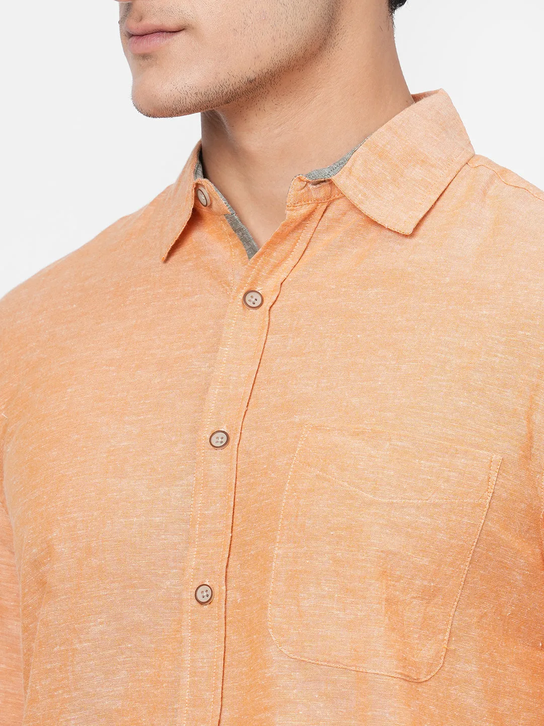 Men's Orange Cotton Linen Regular Fit Shirt