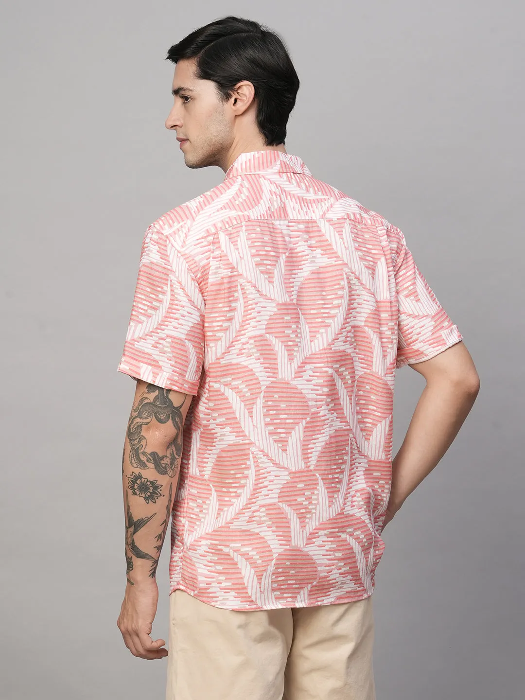 Men's Pink Lyocell Linen Regular Fit Printed Shirt