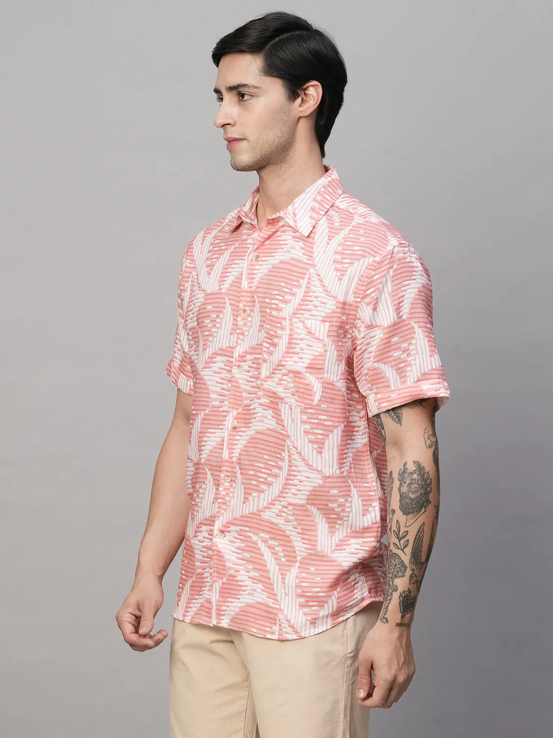 Men's Pink Lyocell Linen Regular Fit Printed Shirt