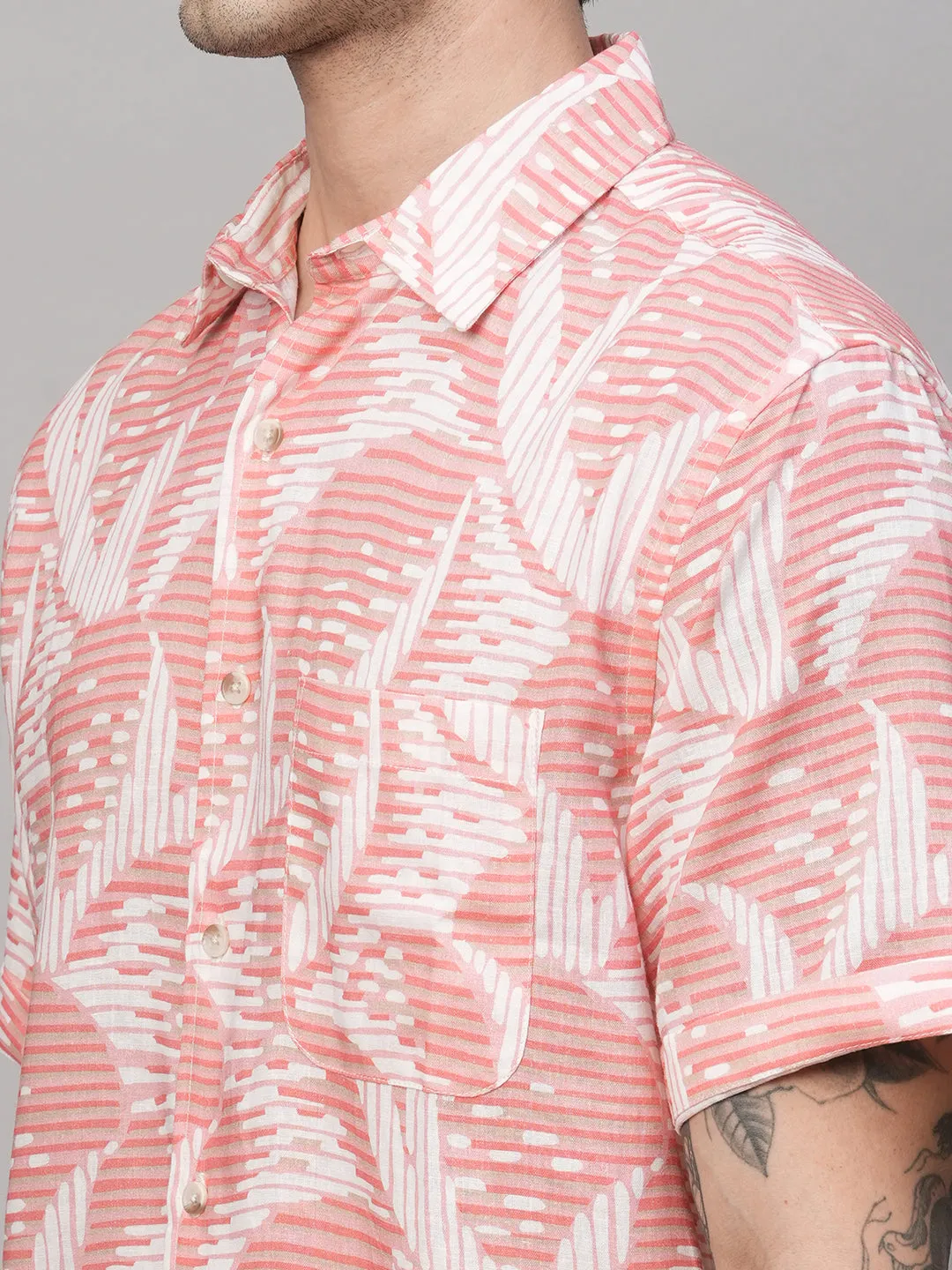 Men's Pink Lyocell Linen Regular Fit Printed Shirt