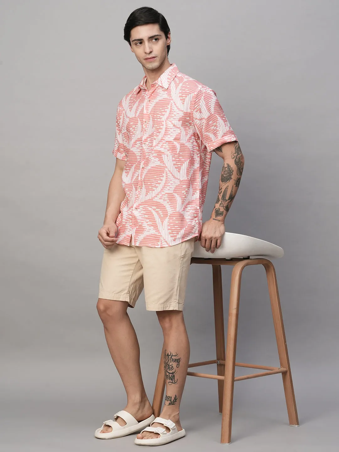 Men's Pink Lyocell Linen Regular Fit Printed Shirt