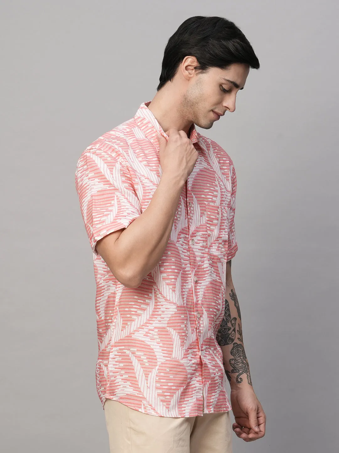 Men's Pink Lyocell Linen Regular Fit Printed Shirt