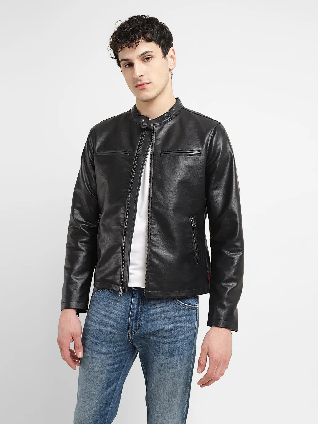 Men's Solid Black Band Neck Biker Jacket