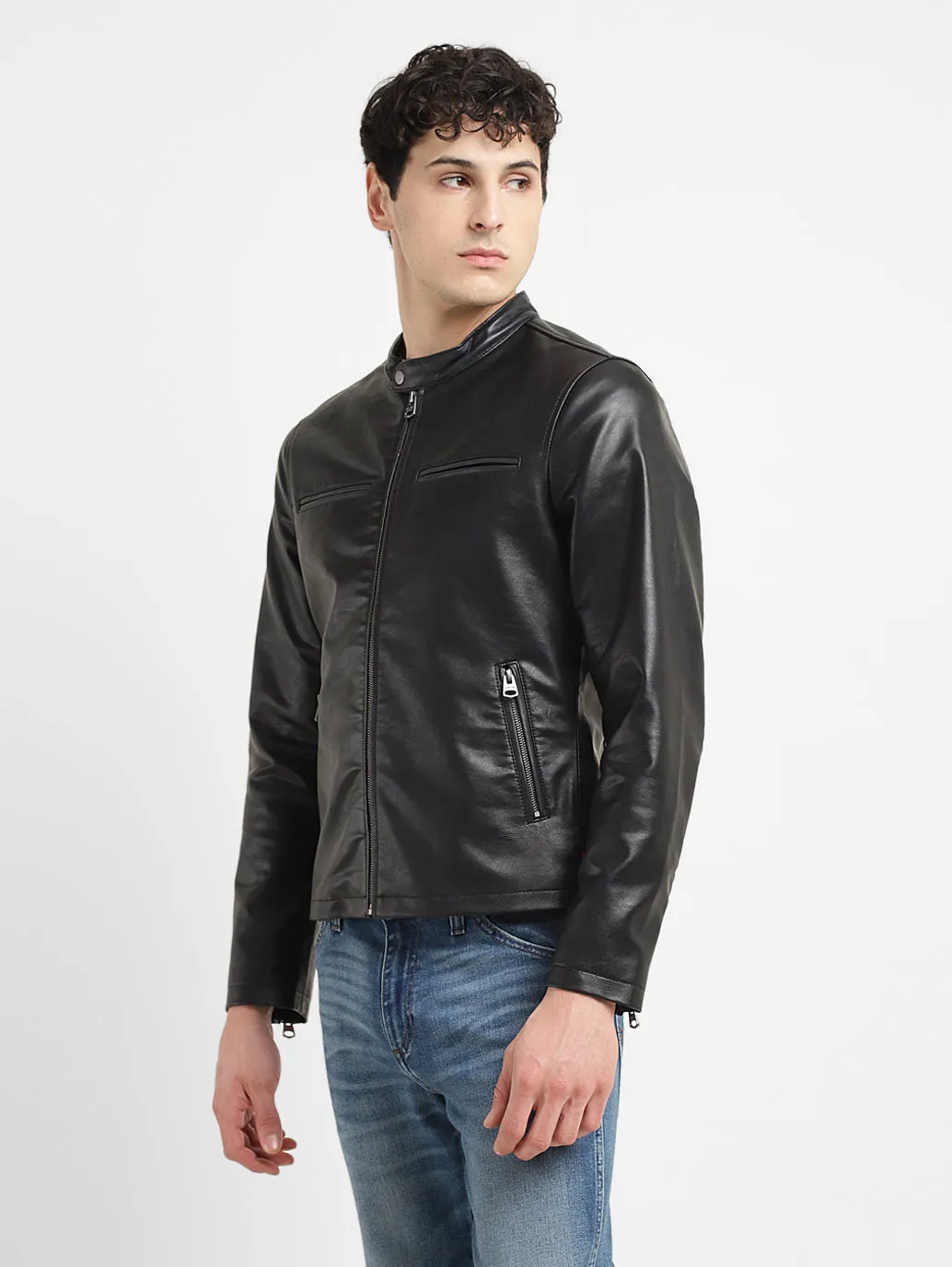 Men's Solid Black Band Neck Biker Jacket