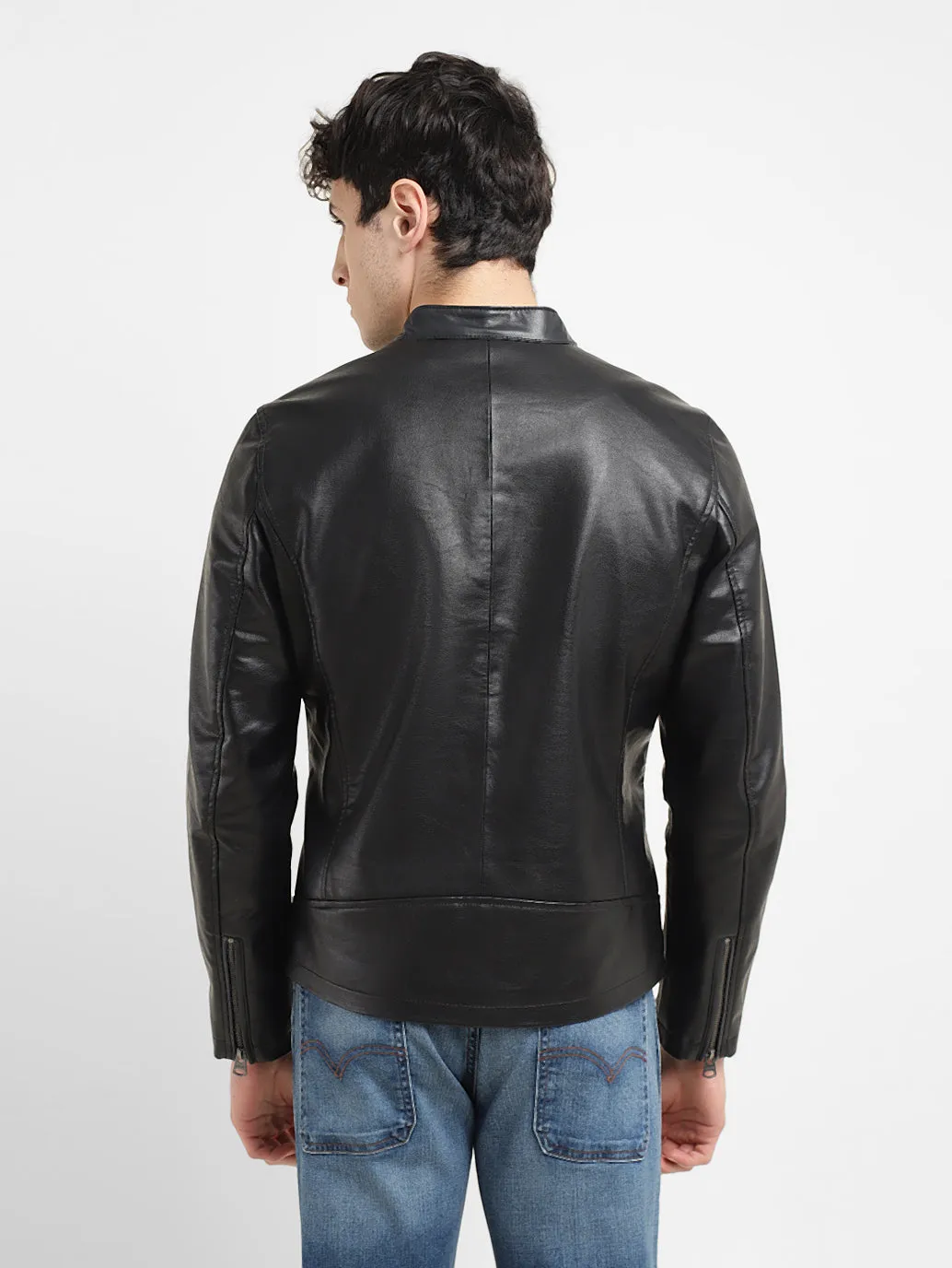 Men's Solid Black Band Neck Biker Jacket