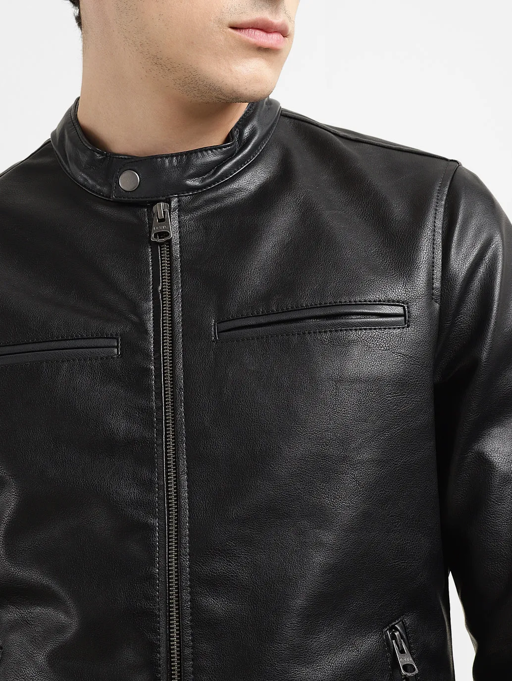 Men's Solid Black Band Neck Biker Jacket